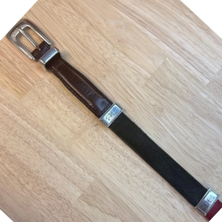 Brighton Q4800 Mens Leather Hair On Hide Western Patchwork Belt Brown Red 32