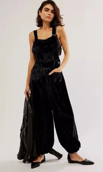 NWT Free People Follow The Sun One Piece Velvet jumpsuit in Black Size M