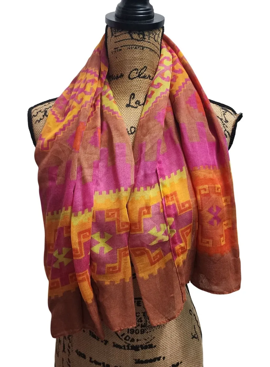 Boho Geometric Print Scarf Wrap Shawl Multi Color Orange