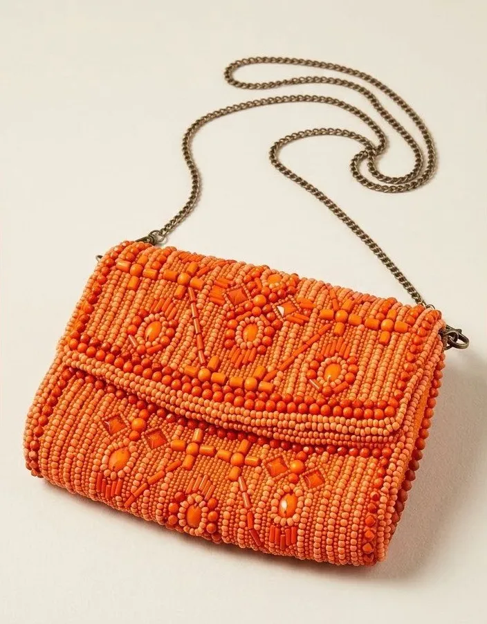 Antik Kraft Beaded Crossbody Clutch Orange Geometric Boho Statement Bag