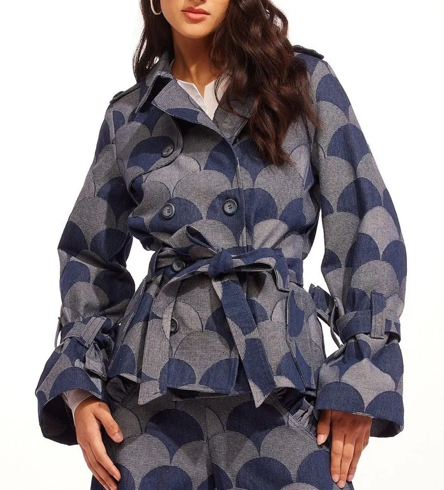 Eva Franco Brex Jacket Atomic Denim Blue Scallop Double Breasted Size 6