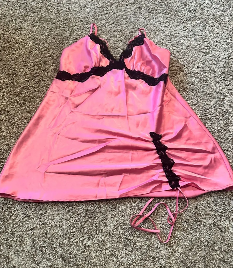 Victoria's Secret Vintage 2003 Pink Satin Lace Trim Babydoll Slip Dress Small