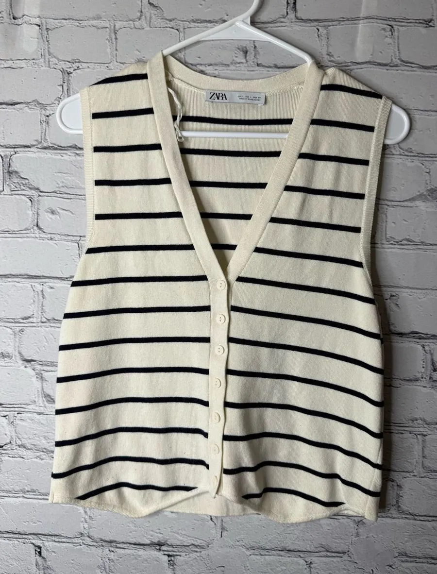 ZARA Cream & Black Striped Knit Button Front Vest size large
