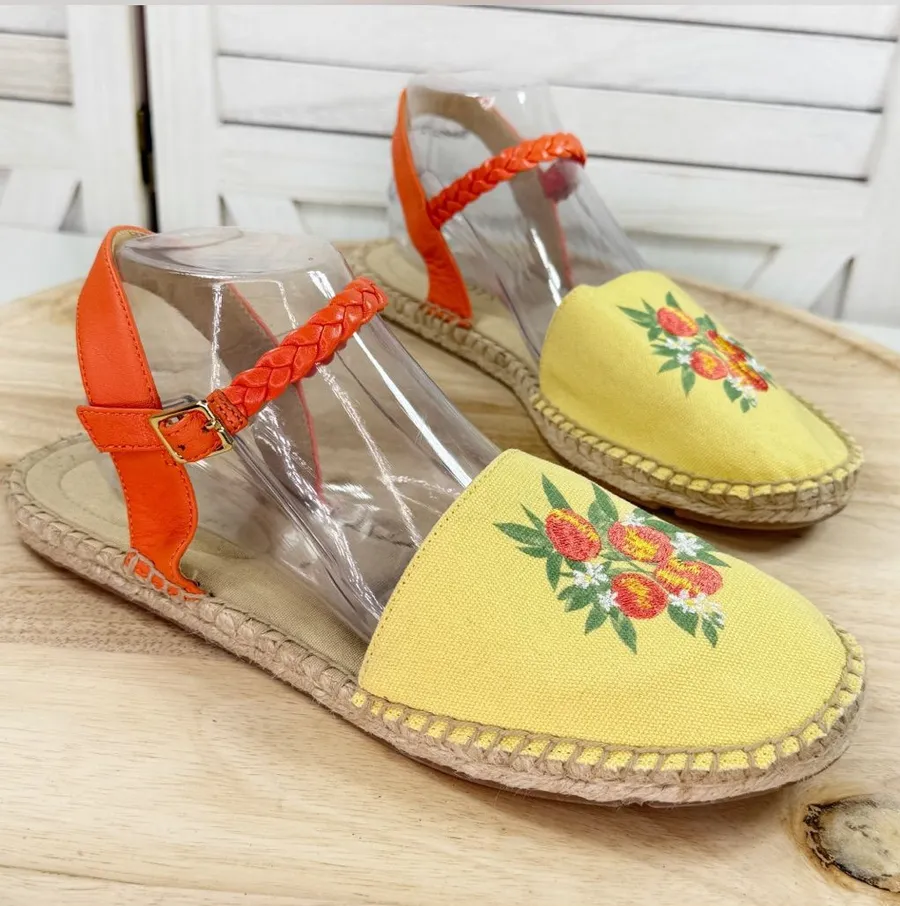Talbots Izzy Embroidered Canvas Espadrilles Peach Fruit Floral Yellow Orange 9