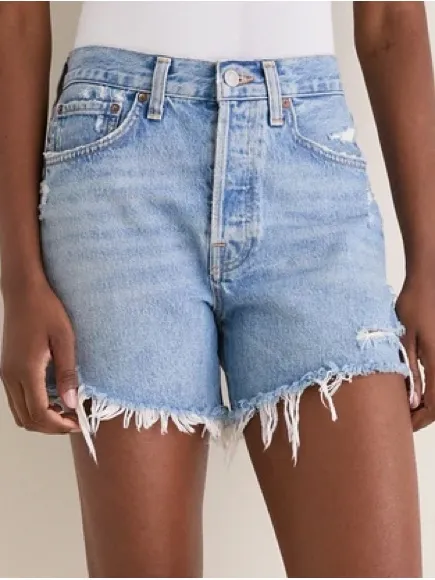 Agolde Parker Longer Shorts Size 24 Medium Wash Distressed Frayed-Hem Shorts