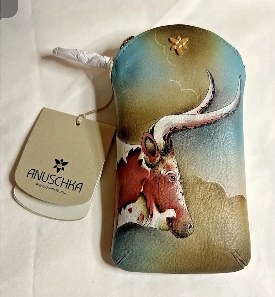 Anuschka Handpainted Leather Phone Eyeglasses Case Pouch Texas Longhorn