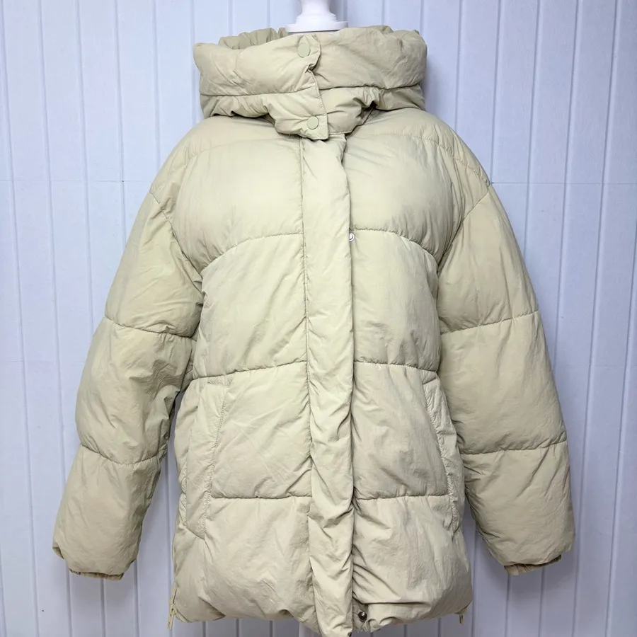 Zara Light Beige Puffer Jacket Full Zip Water Repellent Oversize Size M