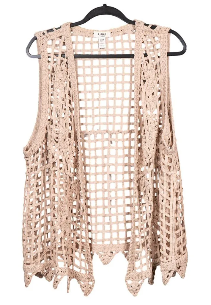 Cato Crochet Vest 18 20W Floral Beige Boho Hippie Indie Lagenlook Scalloped Hem