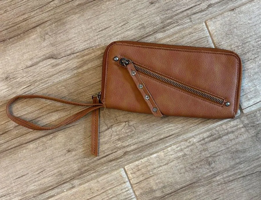Free People Distressed Vegan Wristlet Wallet With Arm Straps.