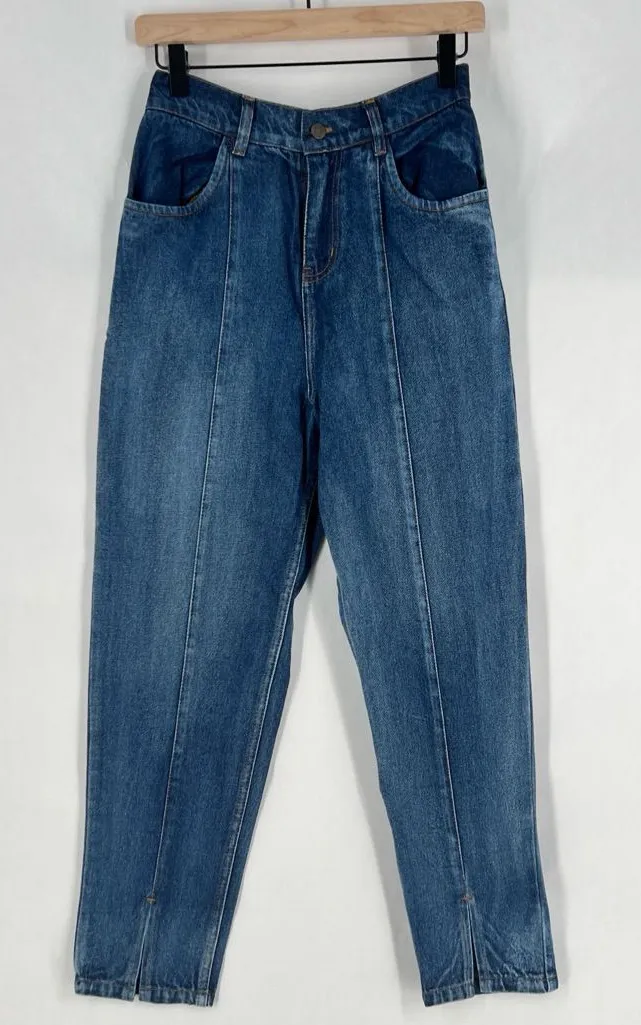 SASSAFRAS Cotton Medium Wash Blue Denim High Rise Seamed Front Split Hem Jeans