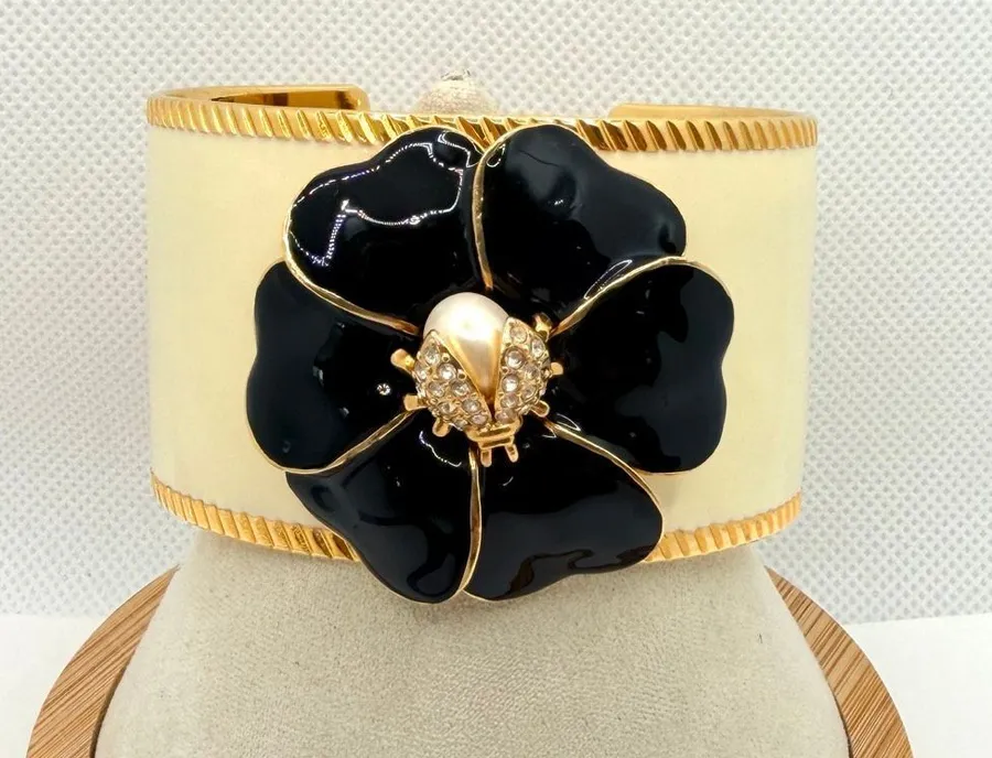 Stella & Dot Kelly Black Enamel Flower Ladybug Cuff Bracelet