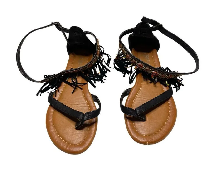 Nature Breeze Black Fringe Beaded Boho Sandals Womens Size 6.5 Ankle Strap