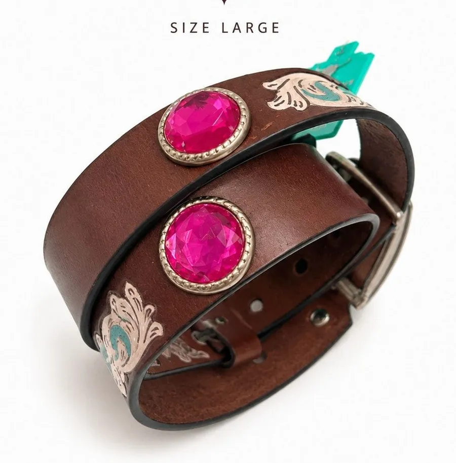 American Bison Large Brown Leather Western Belt Pink Conchos Floral Accent NWT