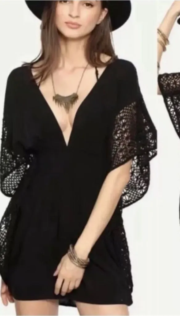Victoria's Secret Boho Crocheted Swim Cover Kaftan Women’s Black Sz Medium