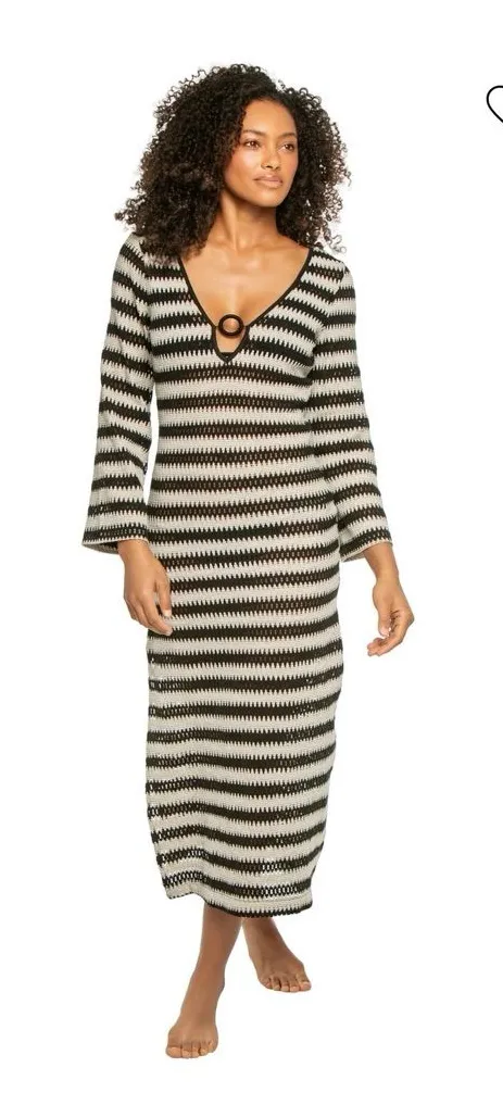 Surf Gypsy Black and Cream Striped V‑Neck Midi Dress with Ring Accent SZ M