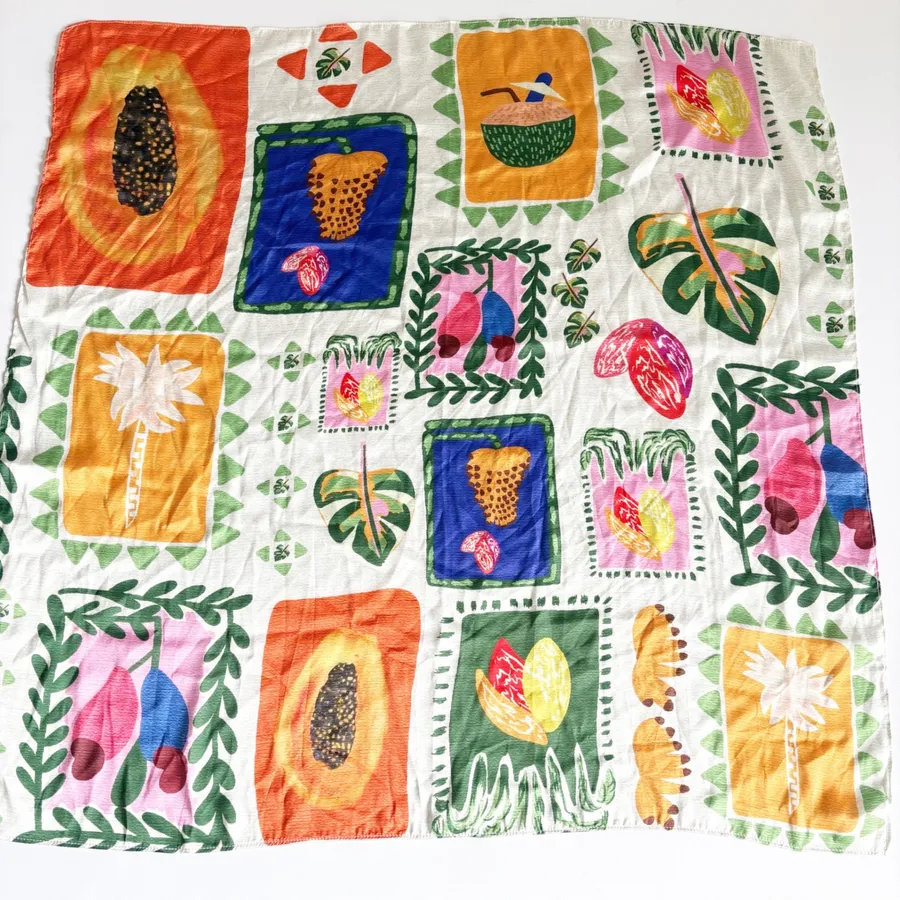 Womens Tropical Fruit Print Resortwear Maximalist Boho Square Scarf OS Orange
