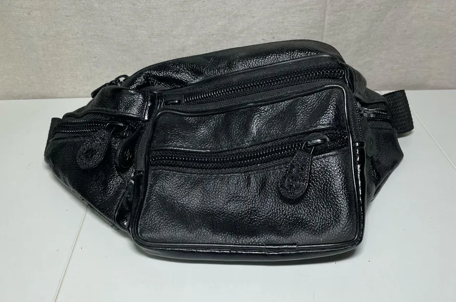 Black leather fanny pack wrap around waist bag