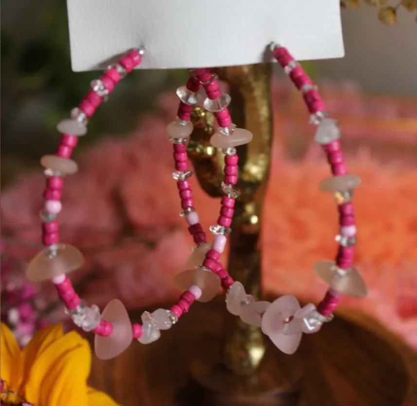 Free People Pink Beaded Hoop Earrings with Rose Accents