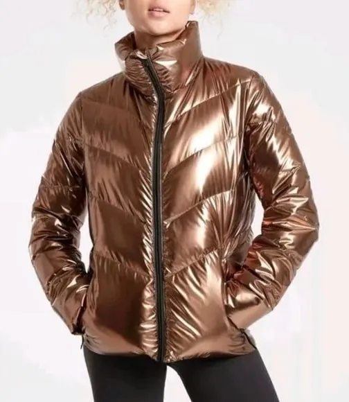 Athleta Lofty Down Puffer Jacket Size Small Bronze Metallic Winter Coat Gorpcore