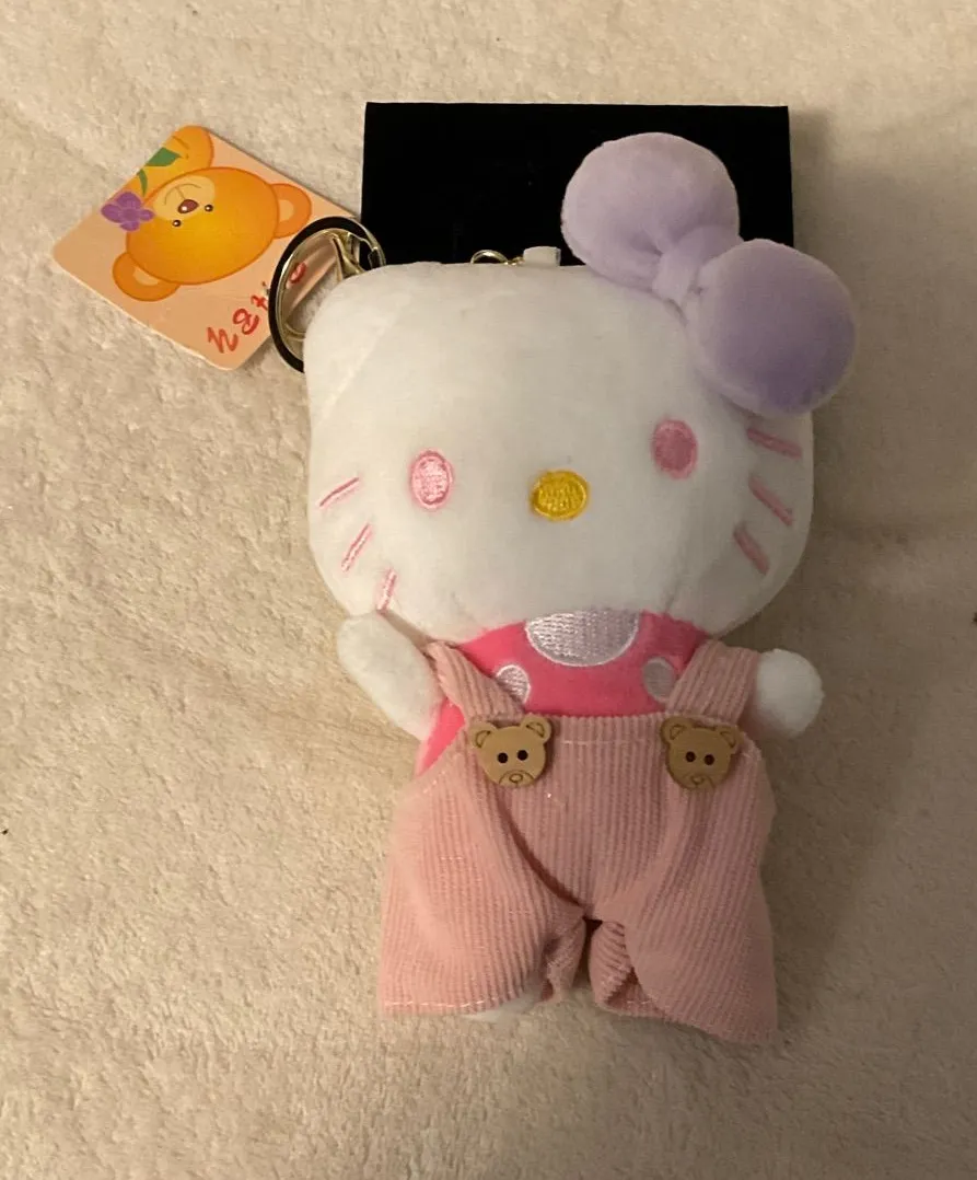 Plush White & Pink Cat Keychain with Lavender Bow