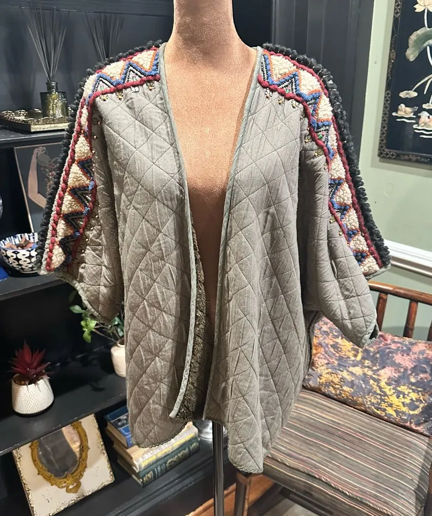 Anthropologie BL^nk London Quilted Faux Fur Jacket – Moss Green – Boho Beaded