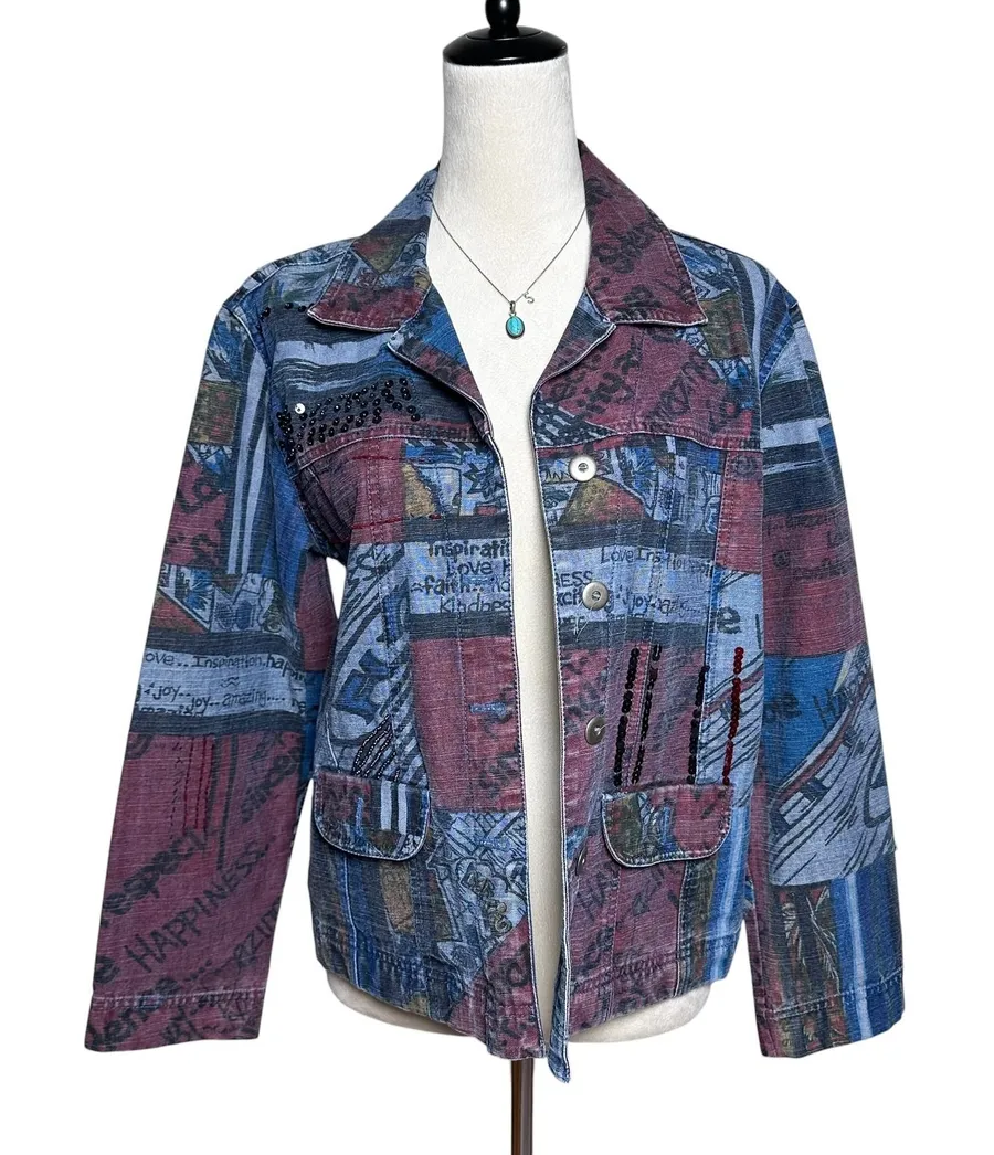 Vintage Y2K Chico's Eclectic Embellished Denim Jacket Medium Retro Art to Wear