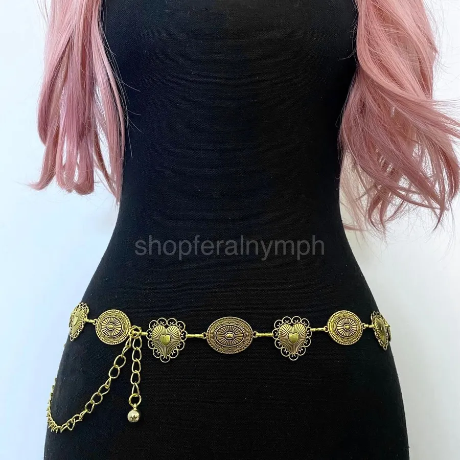 Gold Y2K Heart Oval Concho Waist Chain Belt, Fits 23.5