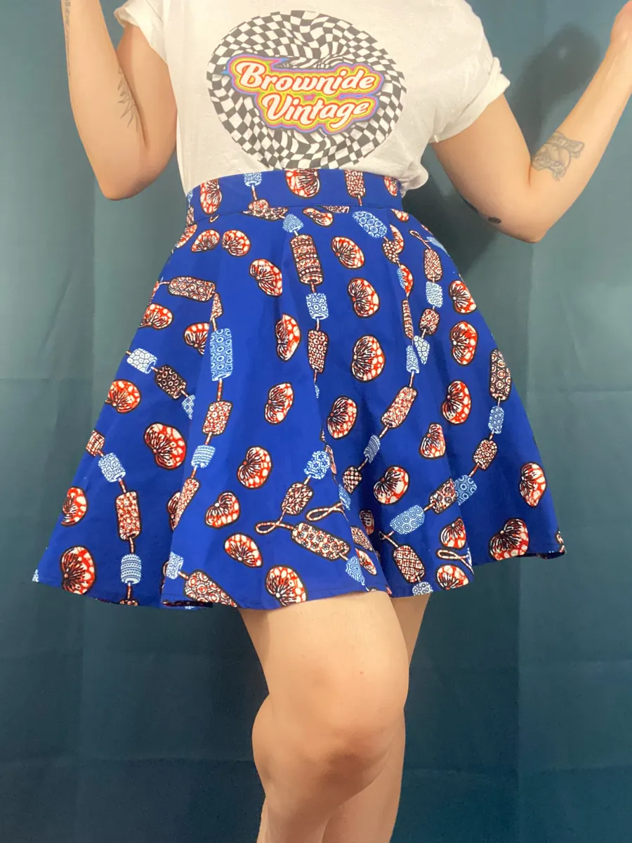 Vintage 70s Mushroom & Bead Print Circle Skirt Blue Size 8
