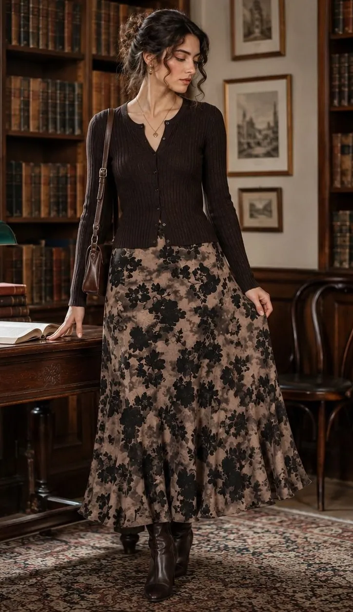 VTG Drama Floral Bias Cut Maxi Skirt 8 Taupe Black Made USA Dark Academia