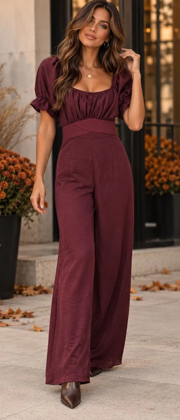 Altar’d State Burgundy Puff Sleeve Wide Leg Jumpsuit Sz S NWOT Fall Boho