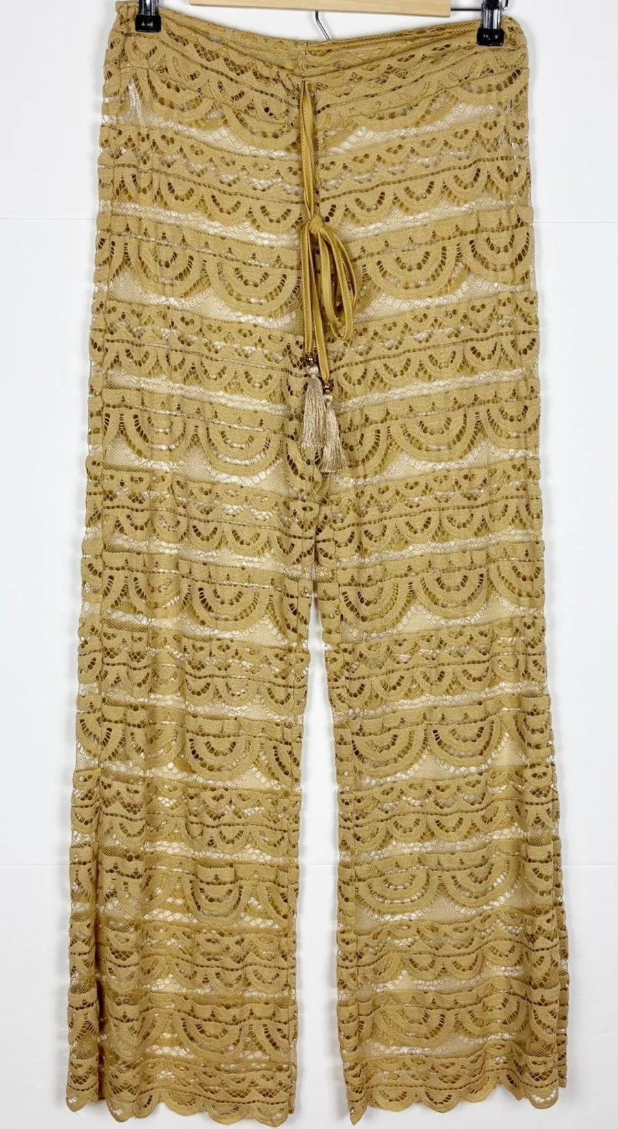 Blue Island Sheer Crochet Swim Coverup Pants Tan Size Small Nylon