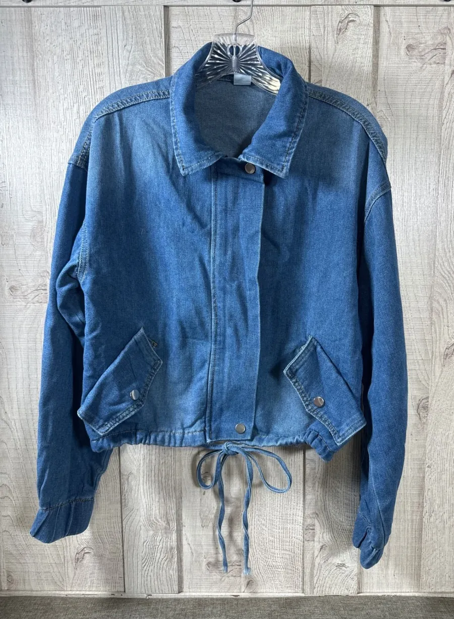 Women Medium Wash Cropped Denim Full Zip Bomber Jacket Drawstring Hem Blue Small