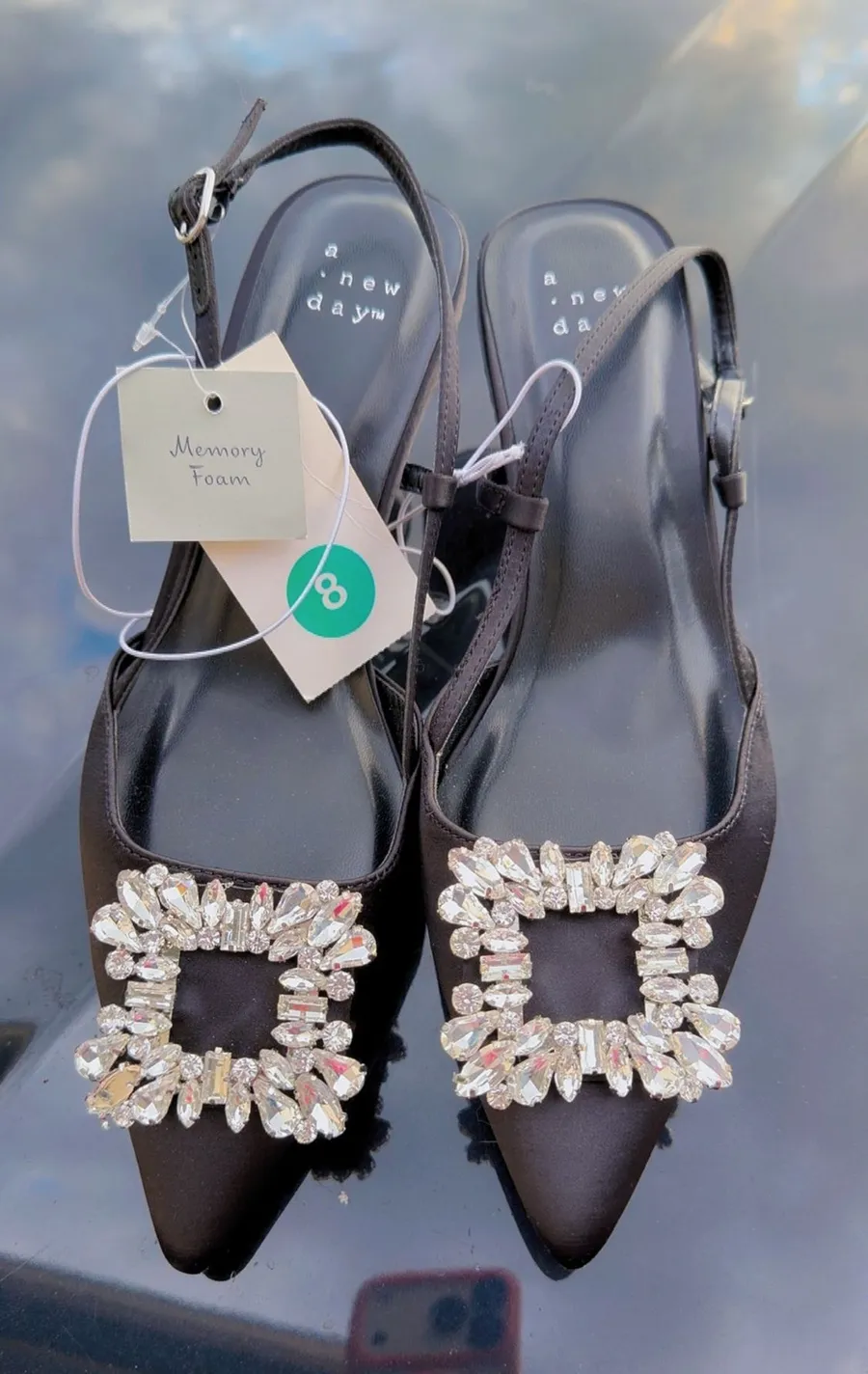 A New Day Black Rhinestone Buckle Pointed Toe Slingback Flats Size 8 NWT