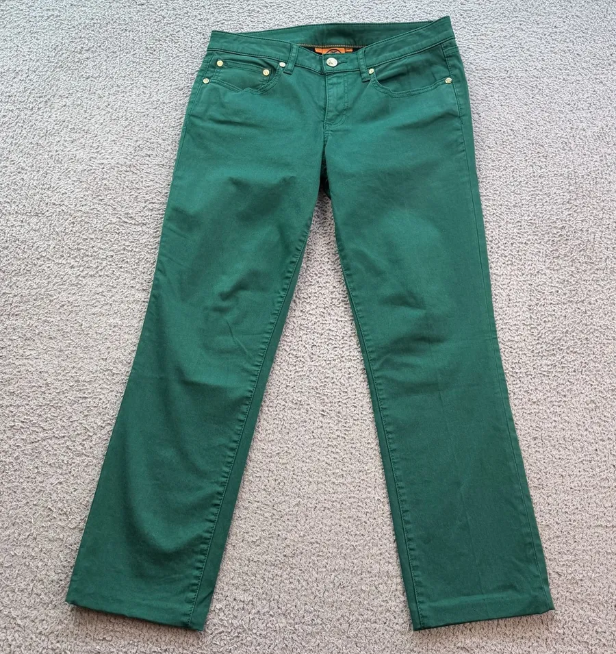 Tory Burch Ivy Super Skinny Jeans Women’s 29 Emerald Green Stretch Gold Logo