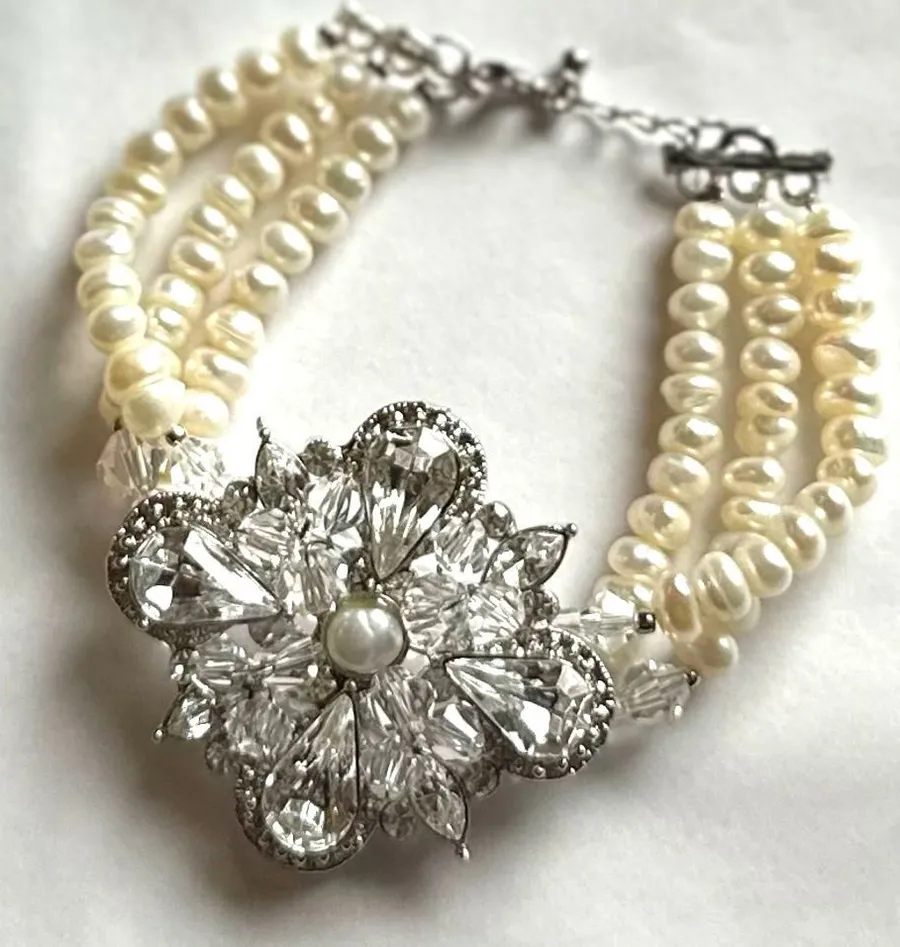Statement Bracelet-Pearl and Crystal Flower