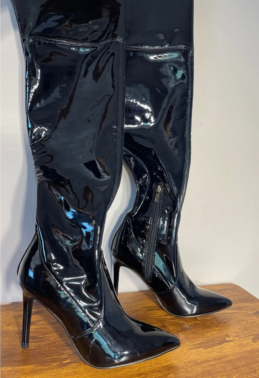 GUESS Black Patent OTK Stiletto Boots Mob Wife Y2K Baddie 8W