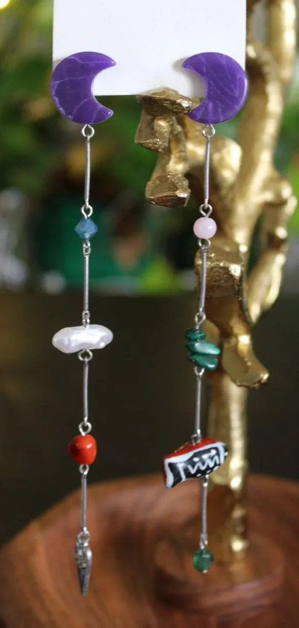 Free People Celestial Moon Beaded Mismatched Drop Earrings
