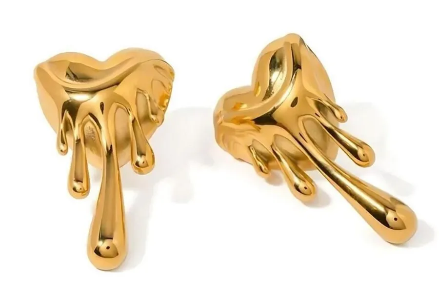 18K Gold pleated Melted Heart Earrings Lava Stainless Steel Womens Jewelry