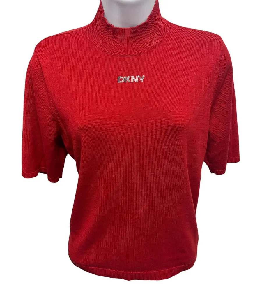 DKNY Jeans Womens Red Mock Neck Short Sleeve Rhinestone Logo Knit Top Size M