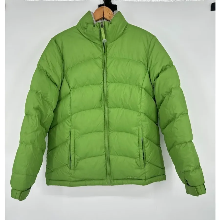 LL Bean Jacket Womens Medium Green Goose Down Puffer Quilted Coat Insulated
