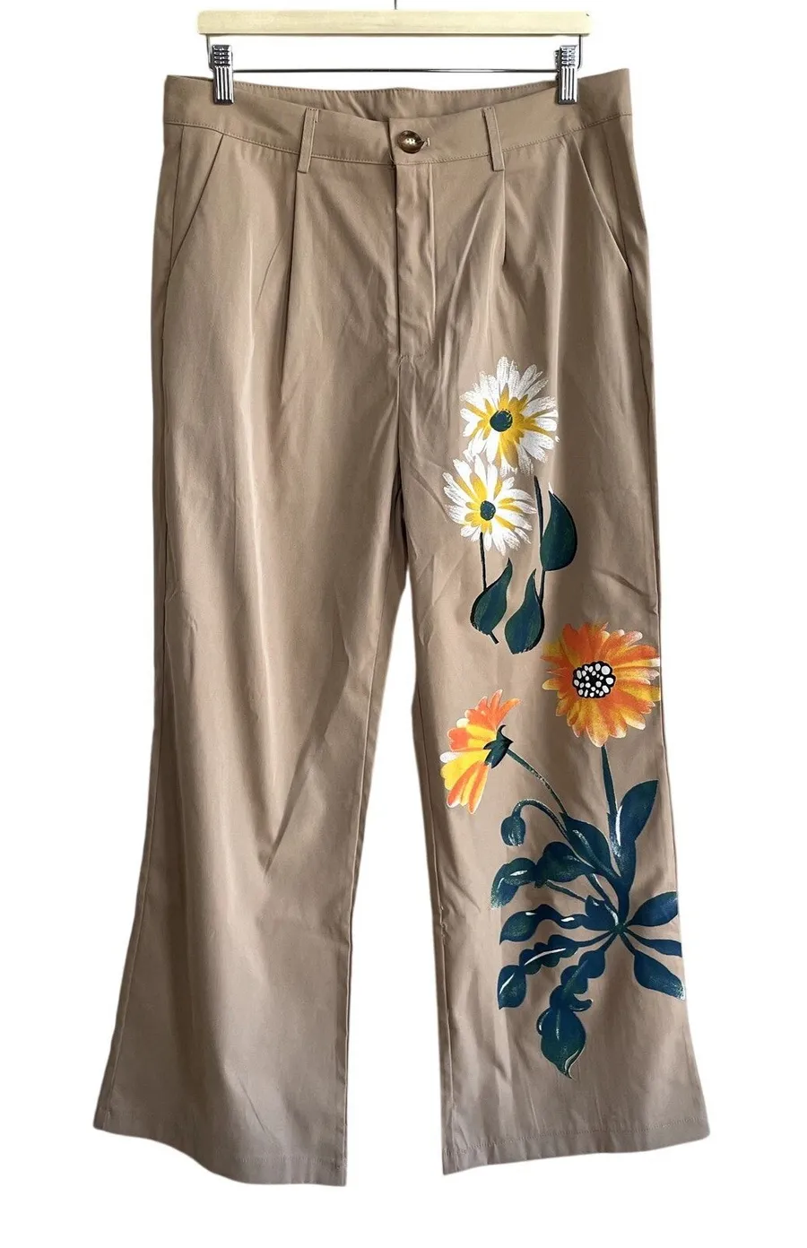 Hand painted straight leg floral tan colored trousers women's size 2XL casual