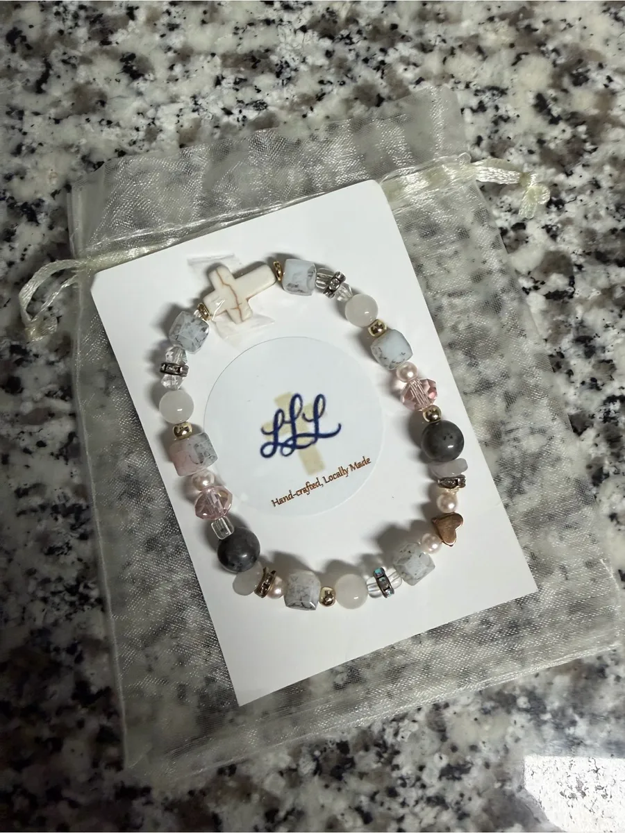 Handmade Pink and White Beaded Cross Bracelet