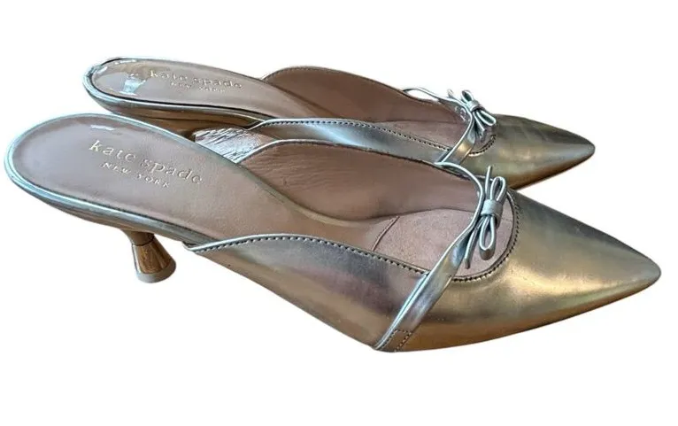 Kate Spade New York Silver Metallic Pointed Toe Kitten Mules 7.5 W/Bow Detail