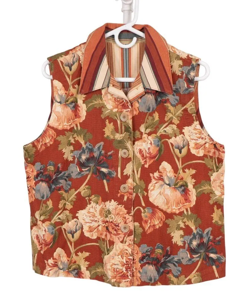 Floral Button Up Vest M Back Pleat Earthy Autumn Striped Collar Sleeveless