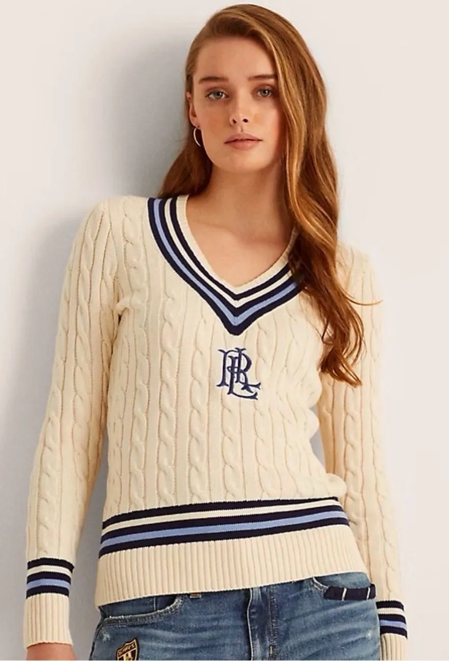 Lauren Ralph Lauren Logo Cricket Sweater S Cream Cable Knit Cotton LRL Preppy