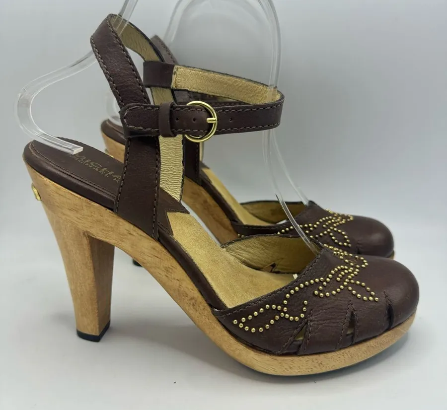 Michael Kors Studded Mary Jane Wooden Clog Heels Size 7.5 Brown Leather 60s