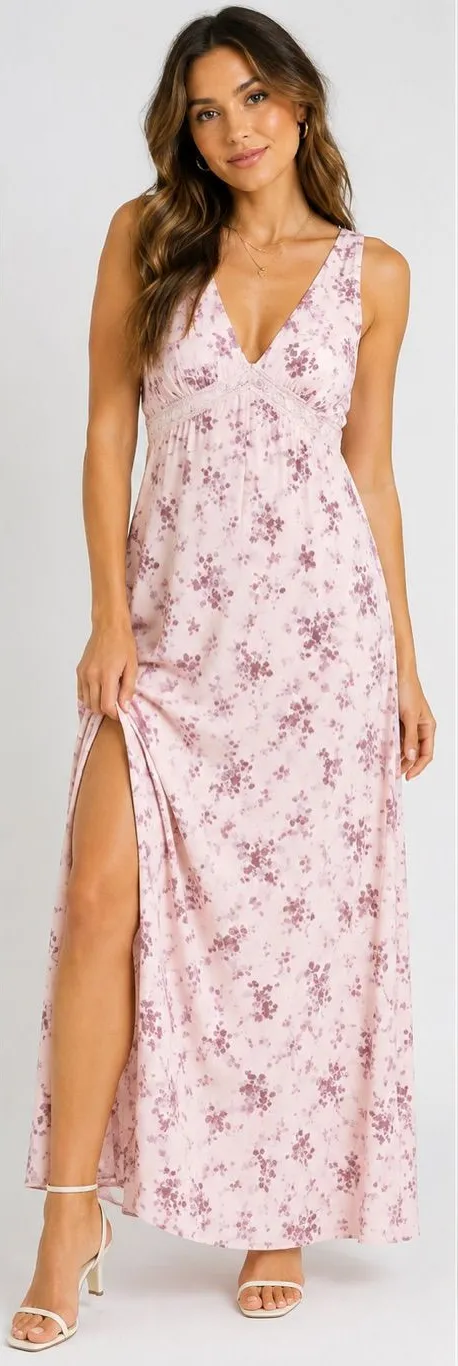 Wild Fable Pink Purple Floral Satin Lace Trim Maxi Dress Women’s L NWT