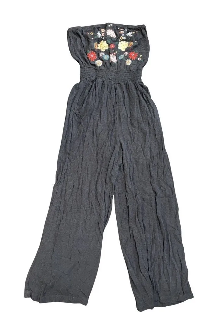 Xhilaration Strapless Jumpsuit Floral Embroidery Small Pockets Boho Chic Arsty