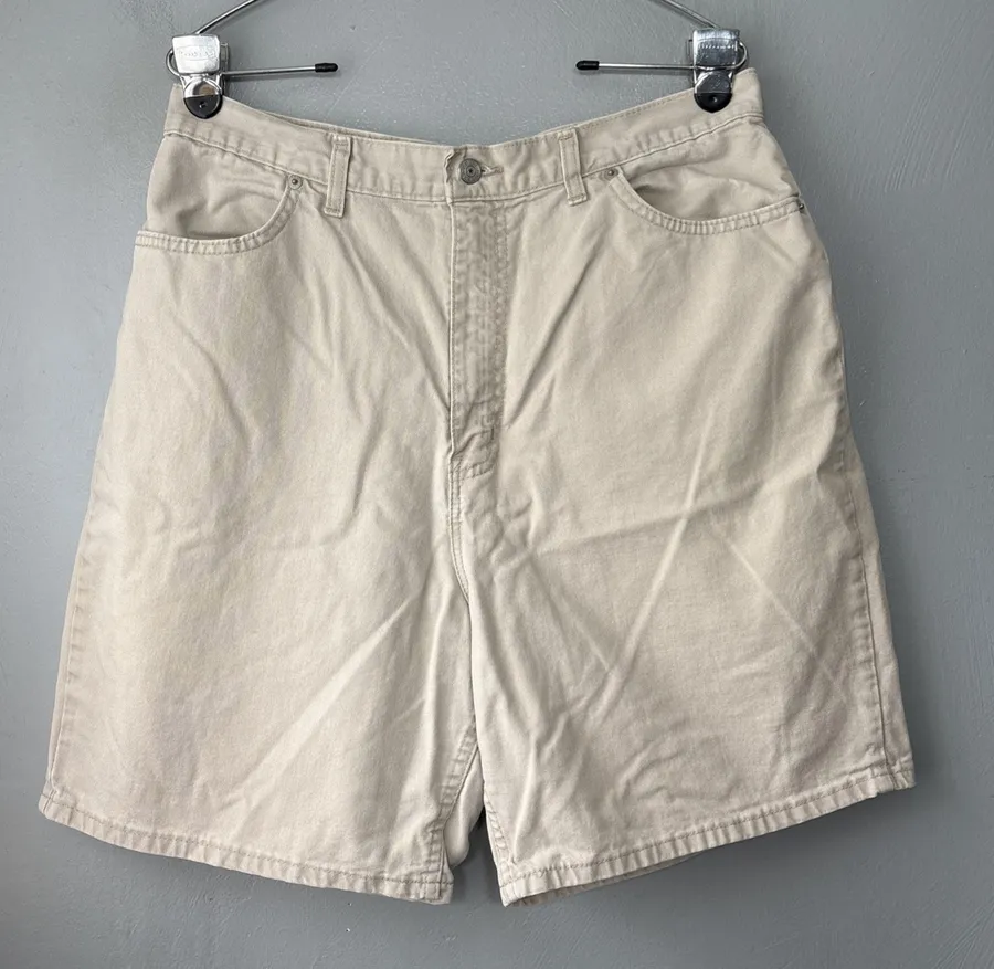 90s High Rise Mom Shorts Size 16 Neutral Beige Cotton Denim Casual Jorts Minimal