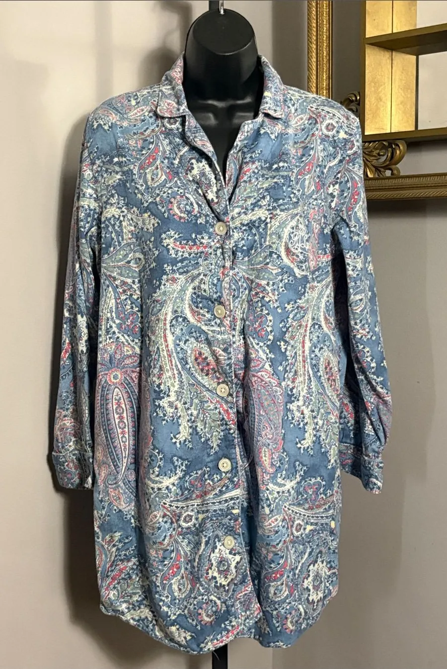 Lauren Ralph Lauren Medium Blue Paisley Button Up Tunic Shirt Top or Nightgown